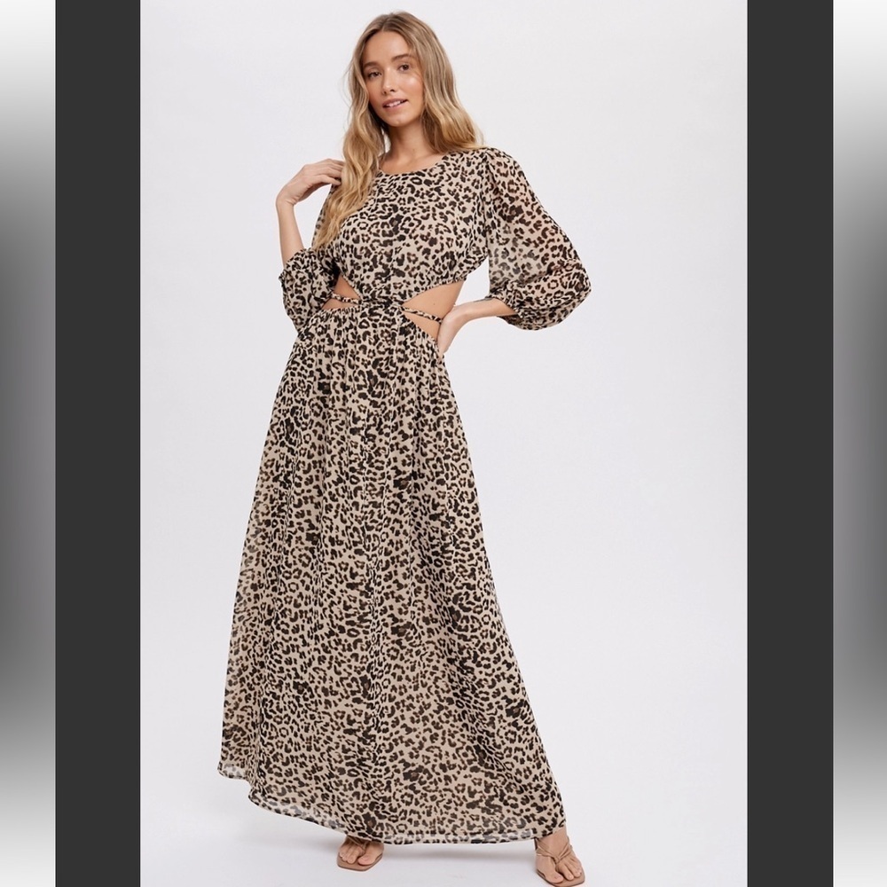 Leopard Long Sleeve Cut Out Open Back Maxi Dress - Picture 14 of 15
